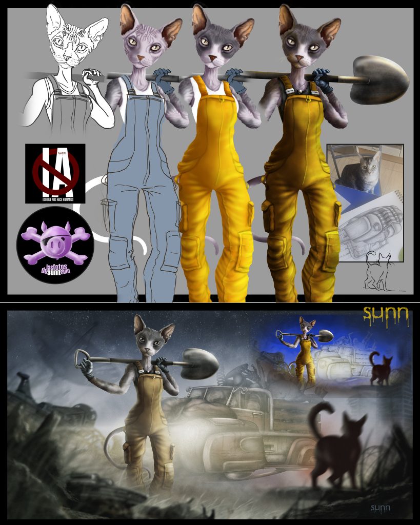 La imagen detalla el proceso de creación: La figura de la gata protagonista desde el boceto inicial al resultado final.También vemos un dibujo en papel de una camioneta,que nos indica que la imagen se realizó sin inteligencia artificial.Finalmente se ve el resultado final.